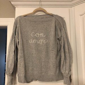 Ann Taylor Loft Paris French Transitional Con Amor Embroidered Gray Boat Sweater